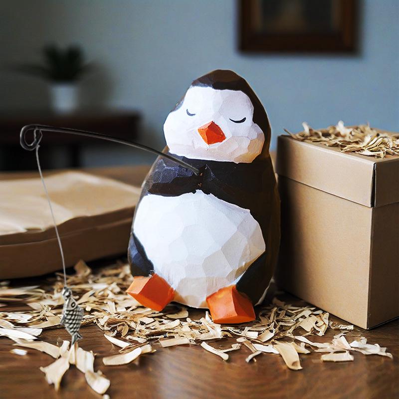 Hand-Carved Solid Wood Fishing Penguin Ornament – Cute Wooden Penguin Decoration