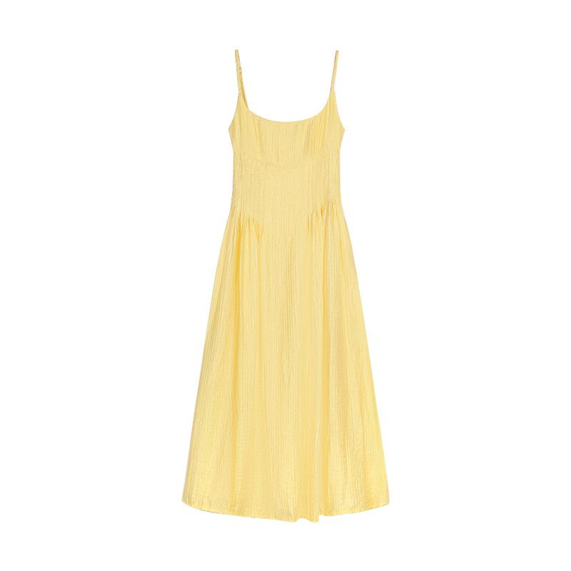 

Gentle wind yellow dress women s summer seaside vacation wind suspender skirt atmosphere skirt temperament a word long dress S жёлтый
