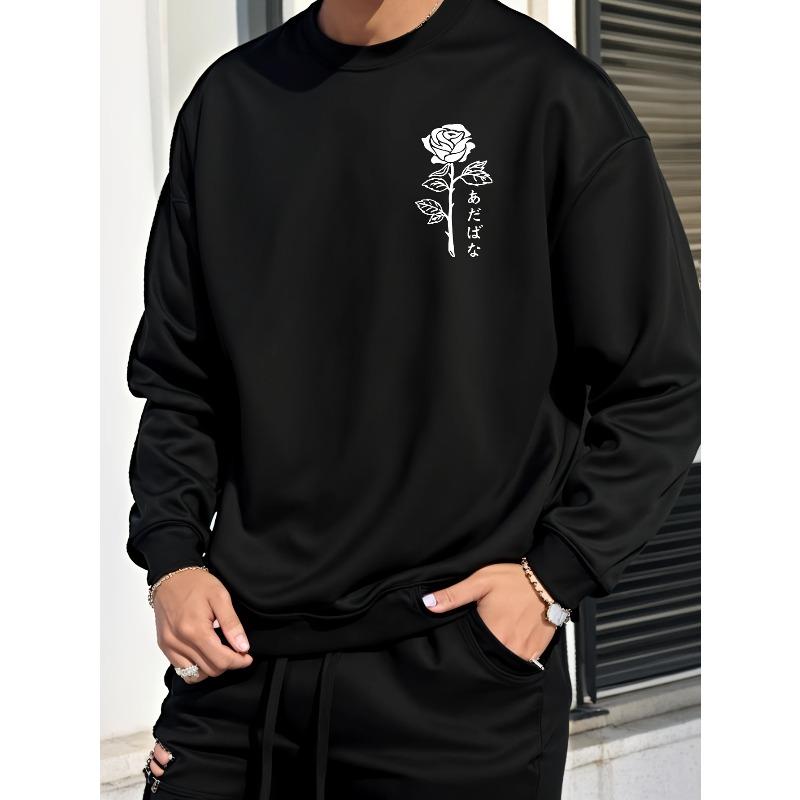 Men's Fashion Creative Design Rose Japanese Print Sport Casual Commuter Versatile Long Sleeve Round Neck Sweatshirt