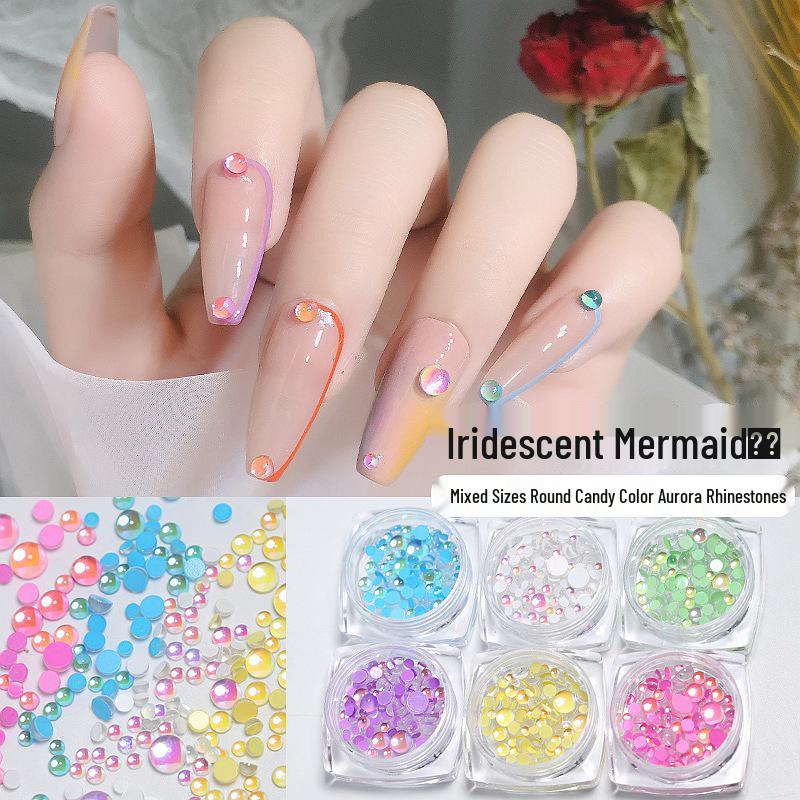 Mermaid Pearl Aurora Nail Rhinestones: Candy Color Crystal Bubble Beads for Nail Art Decor (Flat Bottom)