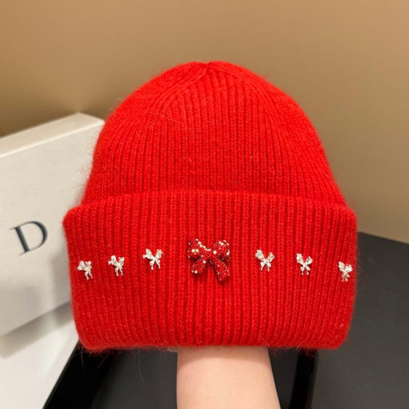 Winter High-Quality Bow Rhinestone Knit Hat Rabbit Fur Ear-Protection Warm Beanie Women