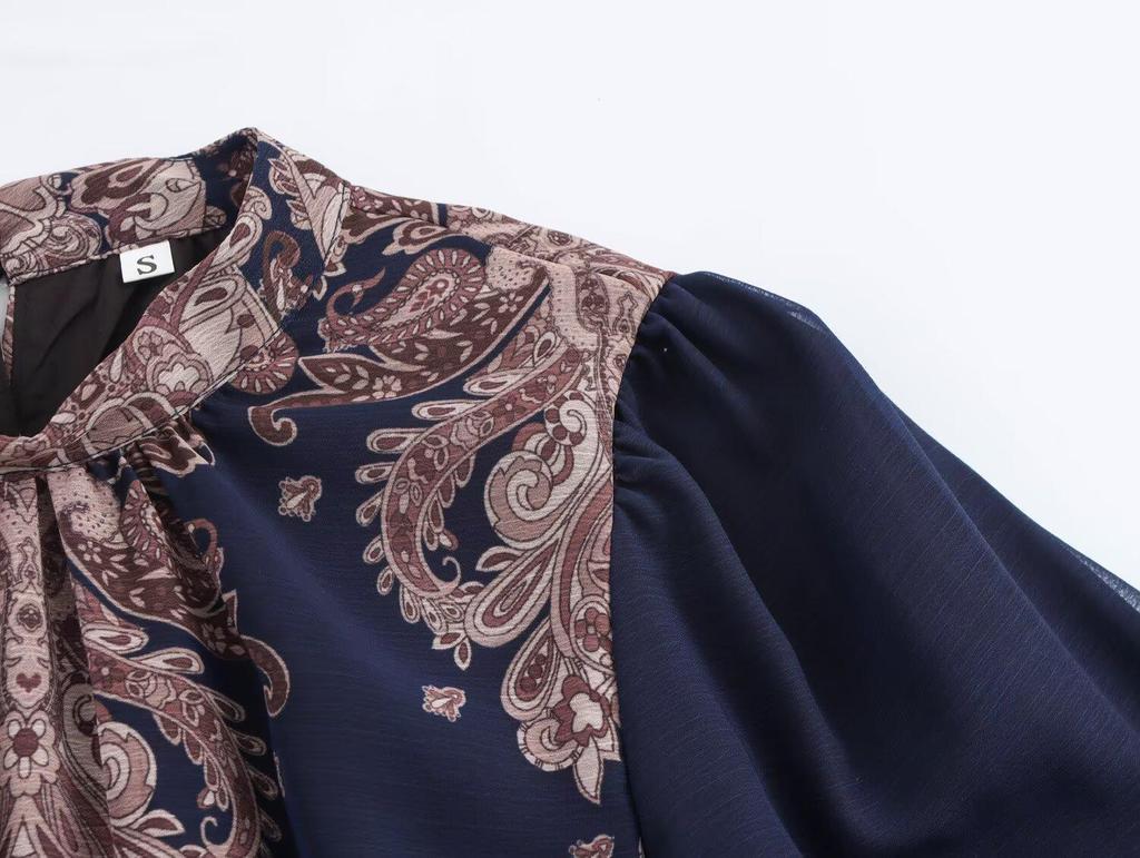 2025 Spring Women's European & American Stand-Up Collar Casual Print Dress