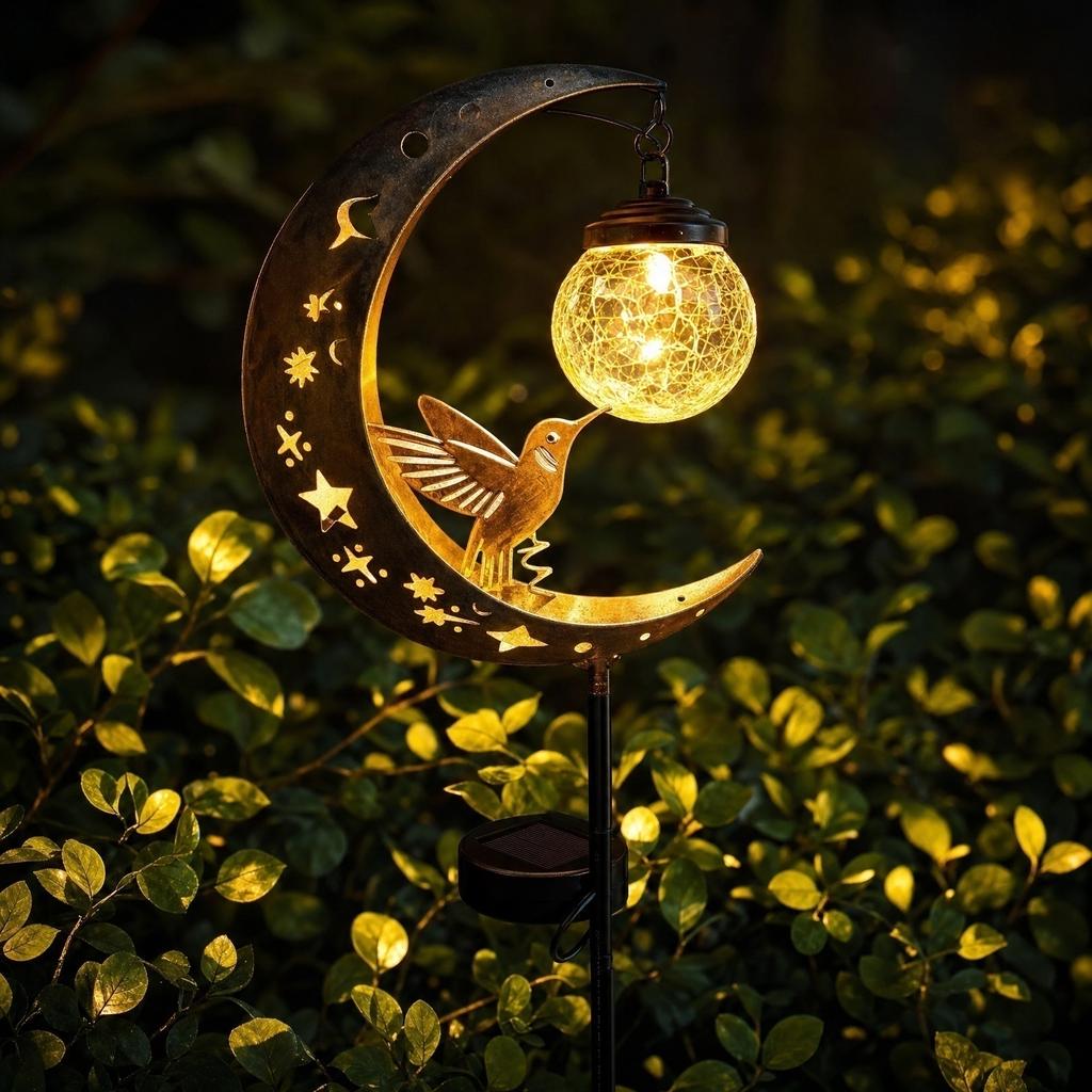 Solar Powered Outdoor Garden Stake Light Iron Art Moon and Bird Design Yard Landscape Decoration Pathway Lamp with Glass Globe