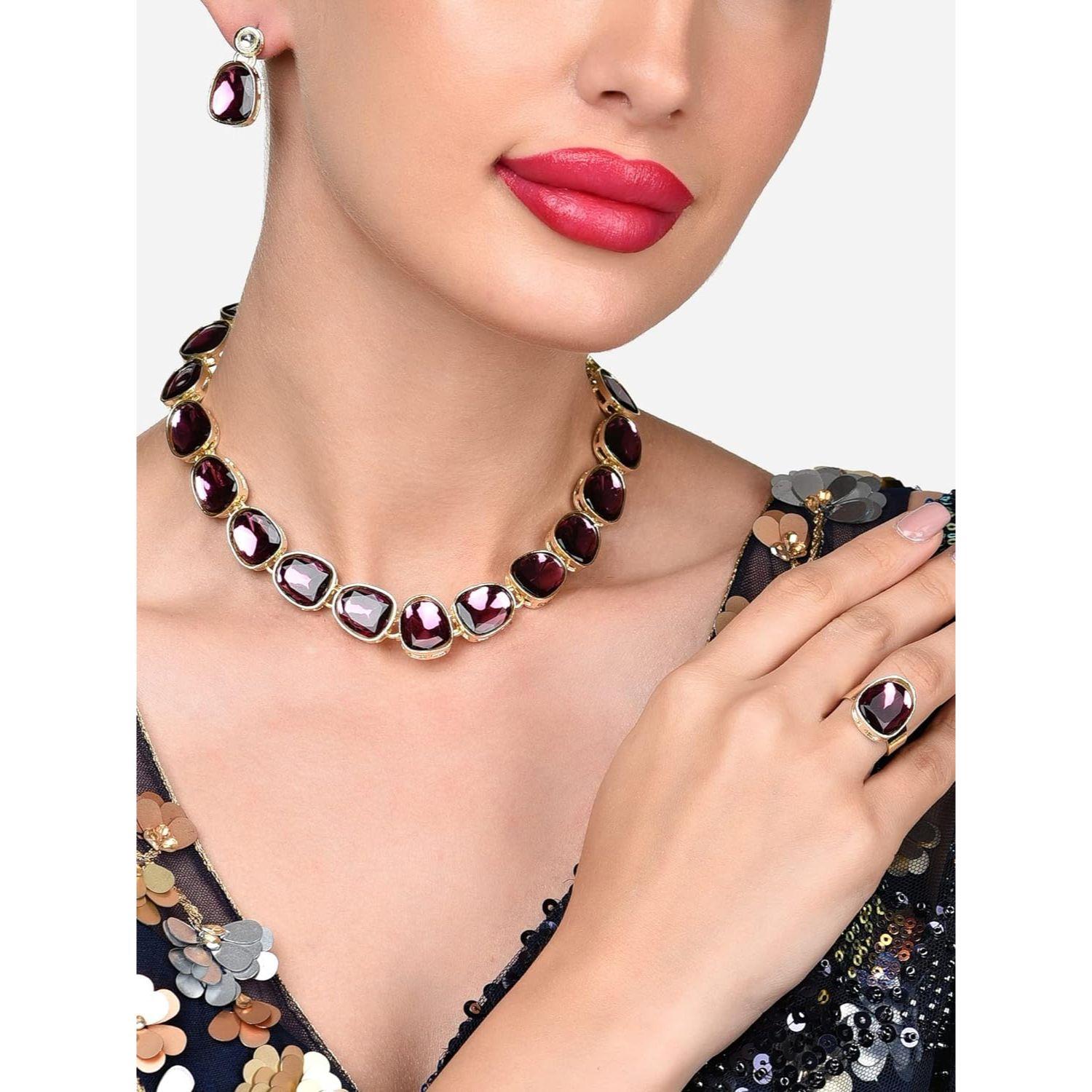 

ZAVERI PEARLS винный цвет с камнями, украшенное ожерелье, серьги и кольца для женщин