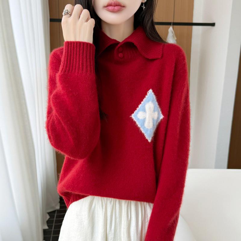 Women's Diamond Jacquard Wool Lapel Sweater - Thick, Warm, Long Sleeve Knitwear for Autumn/Winter