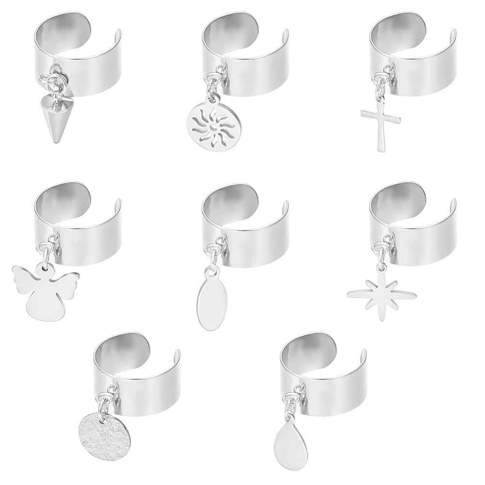304 Stainless Steel Open Cuff Rings, with Mixed Shapes 304 Stainless Steel Charms, Stainless Steel Color, 36~38mm, 8pcs/set