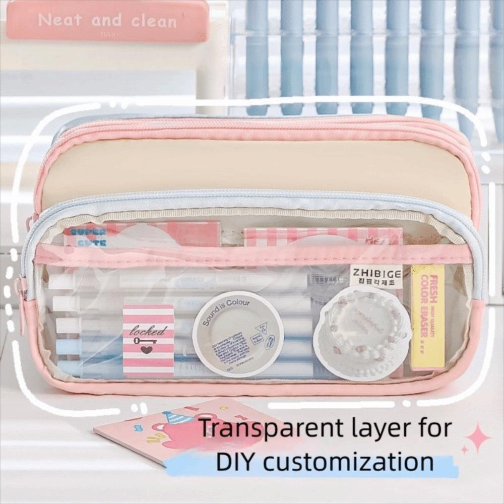 Color-Block Pen Bag Transparent Pocket Multi-layer Pen Pouch New Pencil Case  Girl