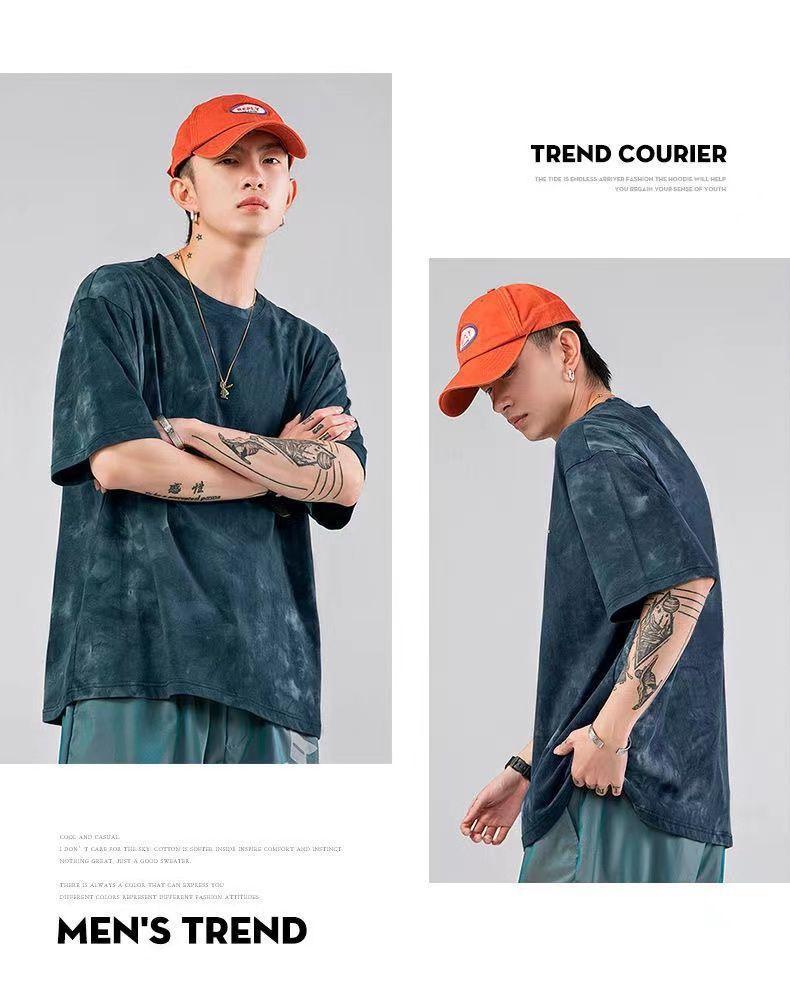 Pánské tričko s krátkým rukávem v retro stylu tie-dye ve stylu Hongkongu, volného střihu