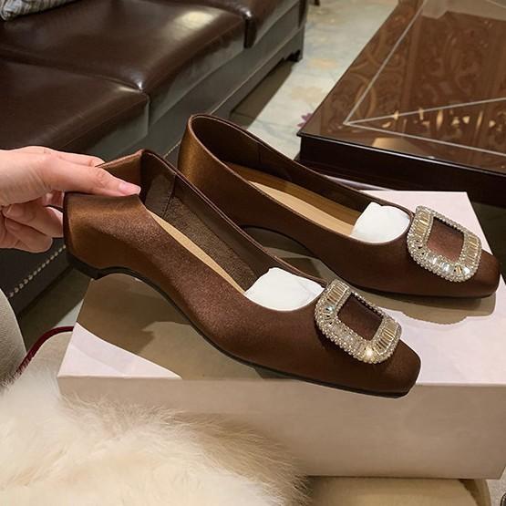 Rhinestone square buckle small square head satin shallow mouth inner height increase single shoes women's spring new commuter shoes