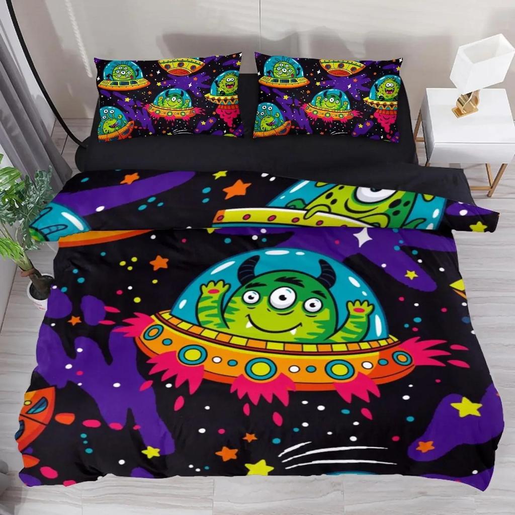 Alien UFO Duvet Cover Queen Boys Kids Supernatural Martiansal Beings From Other Planets Head of An Alien Polyester Qulit Cover