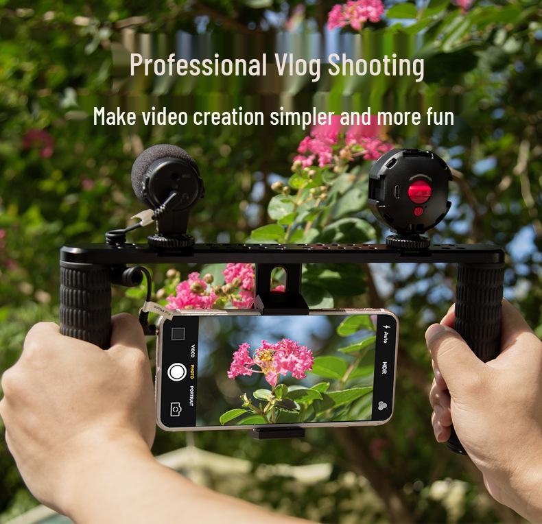 Manjike Portable Aluminum Phone Cage with Light and Mic for Live Streaming