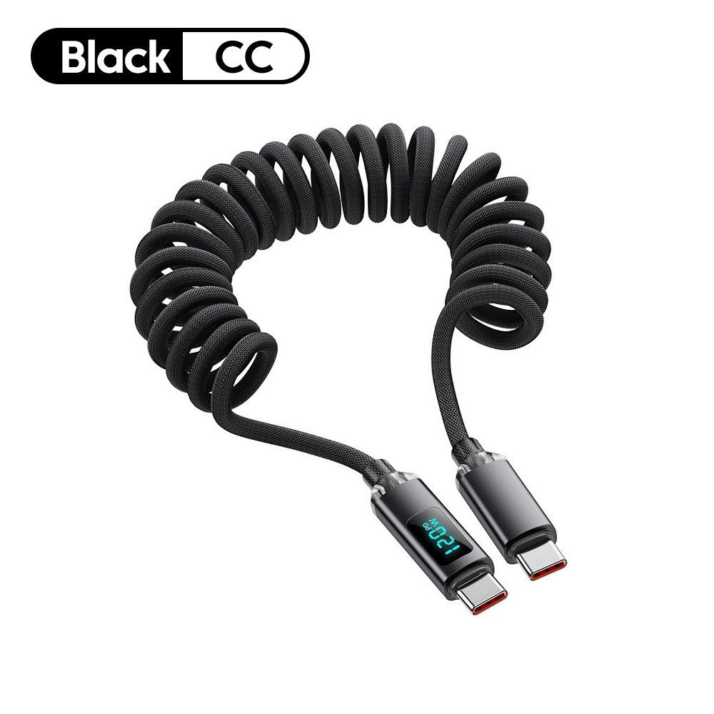120W USB C To Type C Cable Retractable Car Spring Fast Charging Cable With Digital Display For iPhone 15 Samsung Huawei Xiaomi