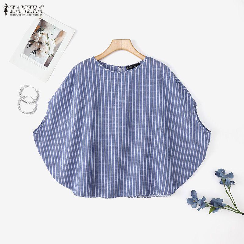 ZANZEA Women Casual Round Neck Dolman Sleeve Summer Stripe Blouse