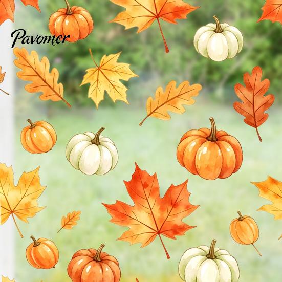 Waterproof PVC Window Art Watercolor Fall Static Clings, Maple Leaf & Pumpkin Removable Stickers, Autumn Seasonal Wall Decor Decal for Thanksgiving