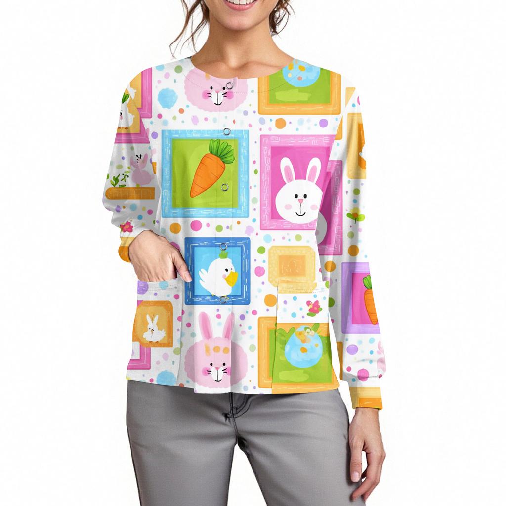 Damen Casual Mode Langarm Stehkragen Einreiher Pflanzenprint Uniformjacke Top