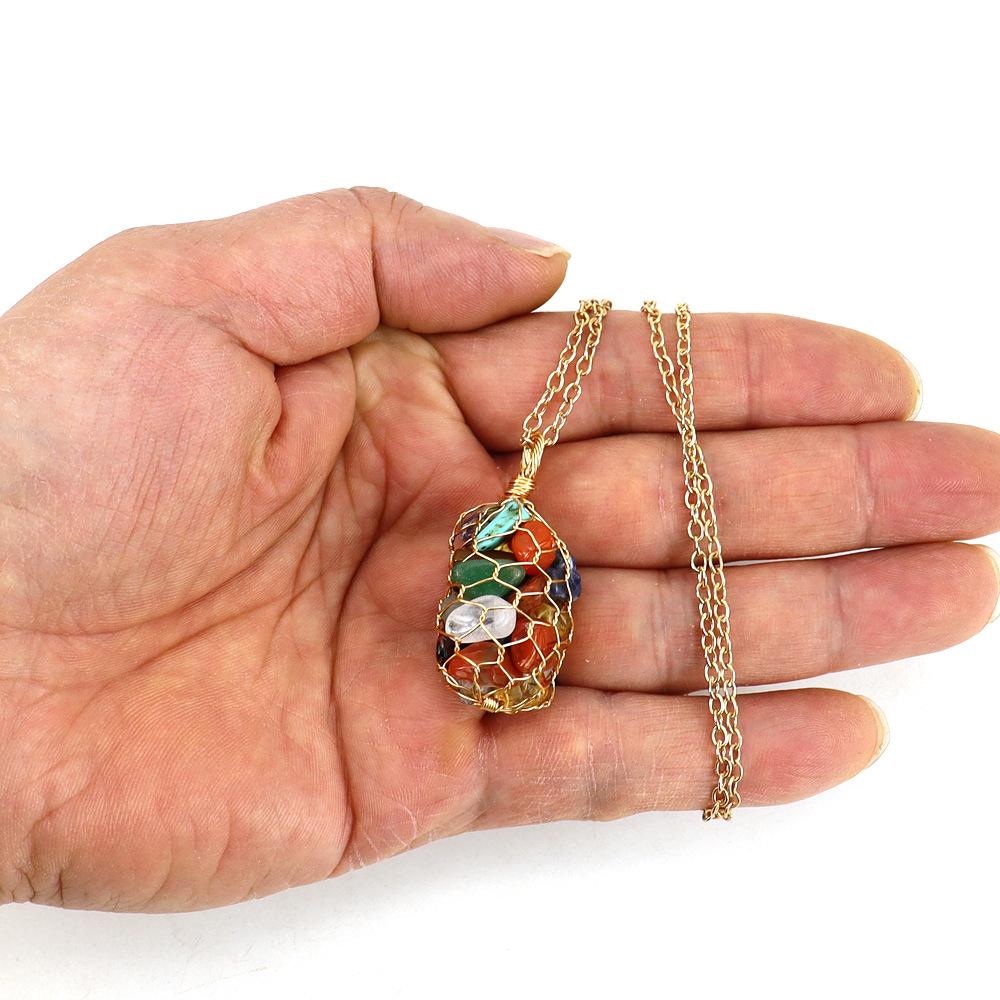 Natural Colorful Crystal Gravel Amethyst Copper Wire Hand-Woven Mesh Pocket Pendant Necklace N657