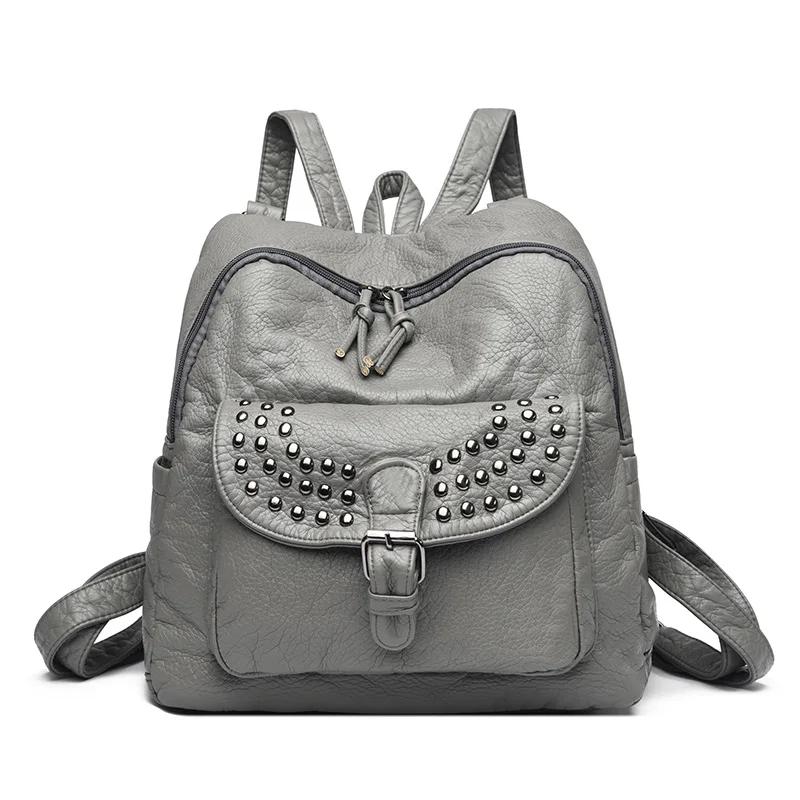 2025 Soft Leather Women Backpacks Rivet Multifunctional Shoulder Bags Female Retro Travel Teenage Girl Fashion Schoolbag
