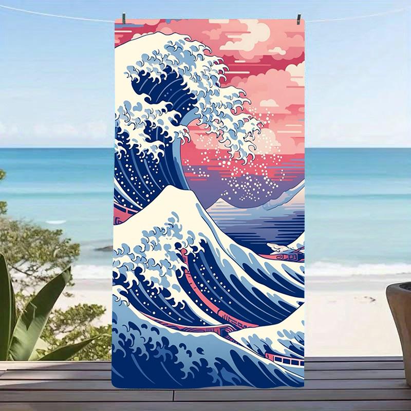 Vintage Ukiyo-e Ocean Wave Microfiber Beach Towel Pastel Pink Sky Bath Towel Aesthetic Kanagawa Swim Blanket For Vacation