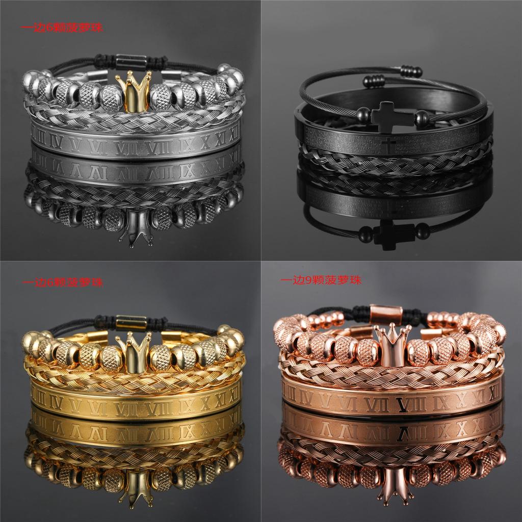 Vintage Crown Stainless Steel Bracelet Set With Letter And Number Charms For Men And Women