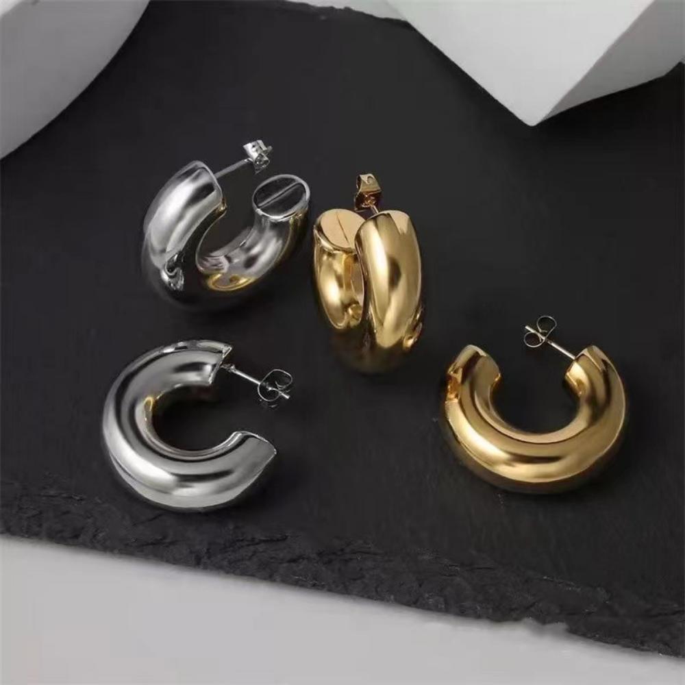 Stainless Steel Chunky Round Circle Clip Earring for Women Gold Color C Shape Ear Cuff Stud Tube Thick Earclips Jewelry