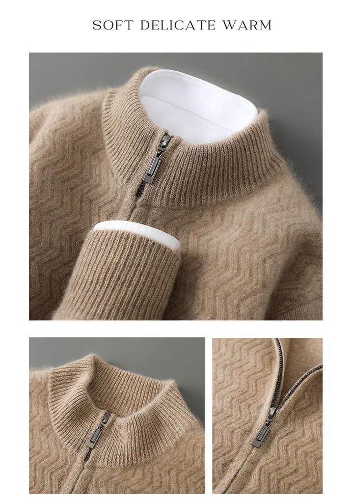 2025 Men's Wool Wave Pattern Zipper Cardigan - Loose Casual Half-High Collar Sweater