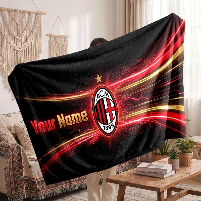 Coperta in Pile Personalizzata AC Milan con Logo Calcio, Testo Nome Personalizzato Morbida Calda Coperta da Divano per la Casa