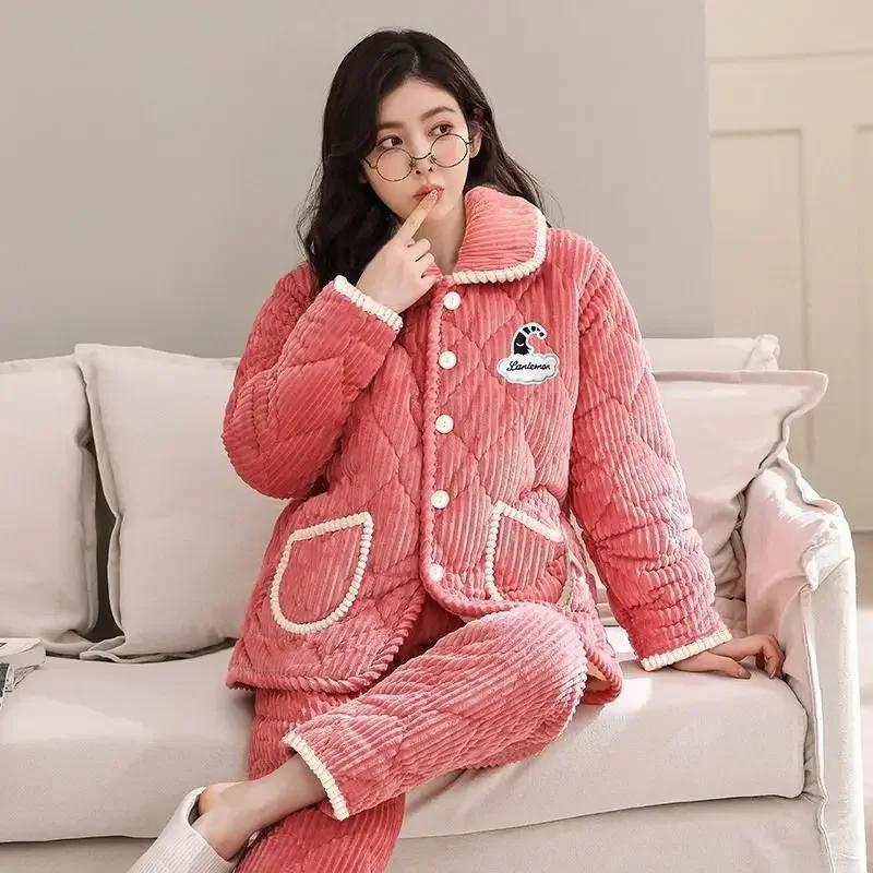 Sleepwear Women Winter Home Sleep Clothes Three Layer Thick Cotton Nightgown Flannel Coral Fleece Warm Coat Large Homewear Set