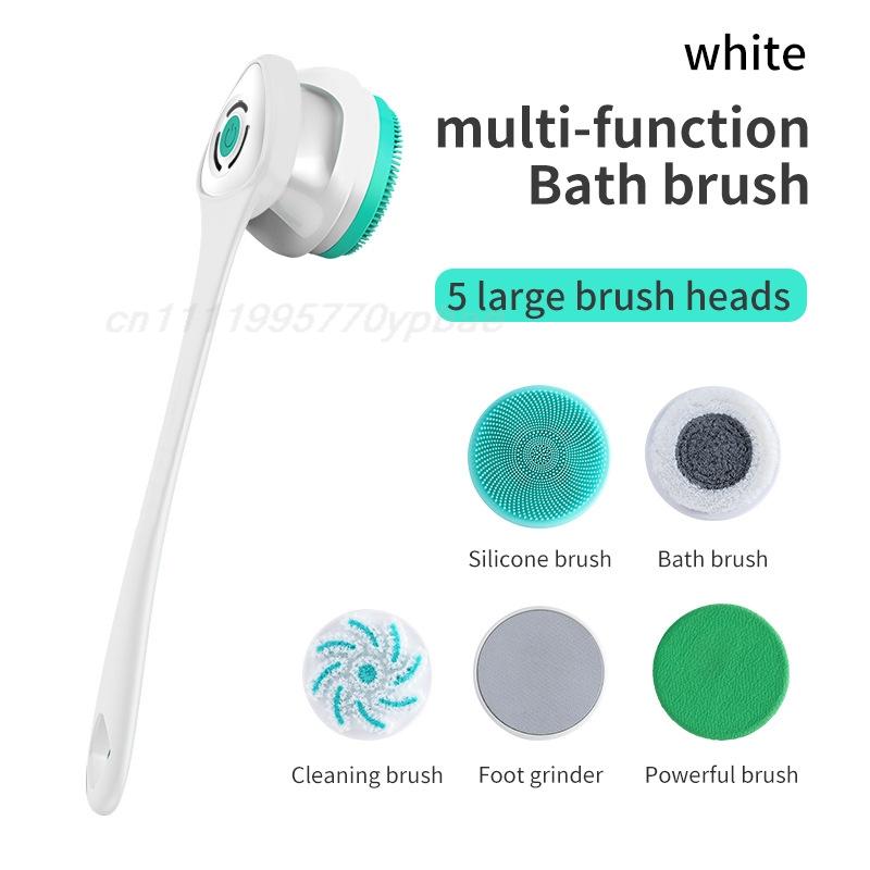 Electric Shower Brush Multi-Function Silicone Body Scrubber IP6 Waterproof Back Exfoliating Brush 5 Heads Foot Grinder