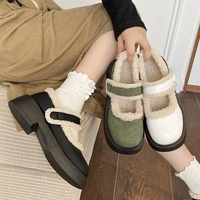 Plüsch Mary Jane Lederschuhe Damen 2024 Herbst Winter Flachmund Retro Baumwollschuhe Warme Slipper Plateau Tacones Para Mujer