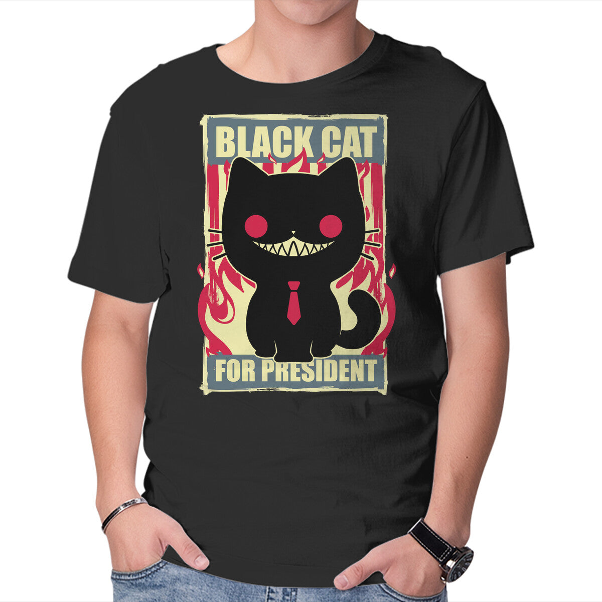 Unisex Crew Neck T-Shirt Black Cat For President Graphic Short Sleeve Casual Tee XL
