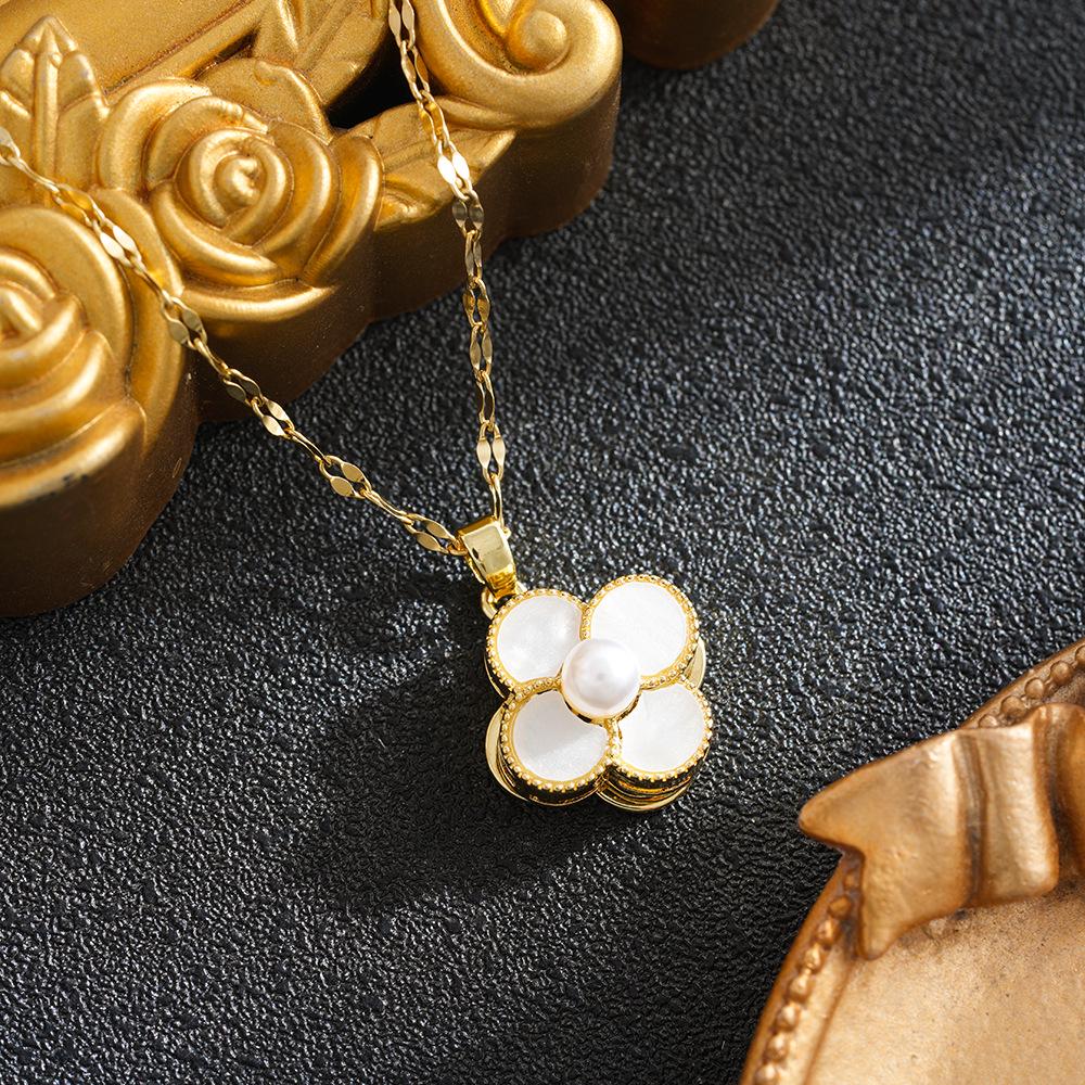 Natural Pearl & Cat's Eye Four-Leaf Clover Necklace - Rotating Titanium Steel Clavicle Chain for Women