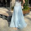 DIMANAF 2025 Summer Women New Skirts Solid Elastic Waist Pleated Mesh Elegant Yellow Blue Skirts