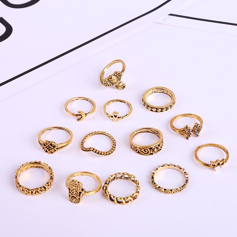 Retro European & American Style V-Shaped Elephant Buddha Palm 13-Piece Ring Set