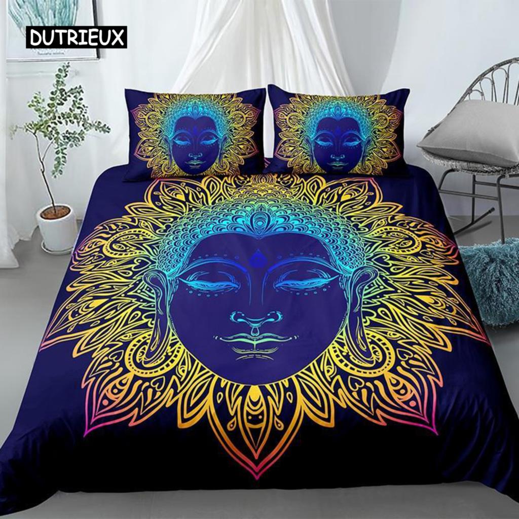 Zestaw poszwy na kołdrę Buddha Rozmiar King Egzotyczny Etniczny Bohemski Zestaw Pościeli Mikrofibra Nadruk Złotej Statuy Buddy Wspaniała Poszwa na Kołdrę