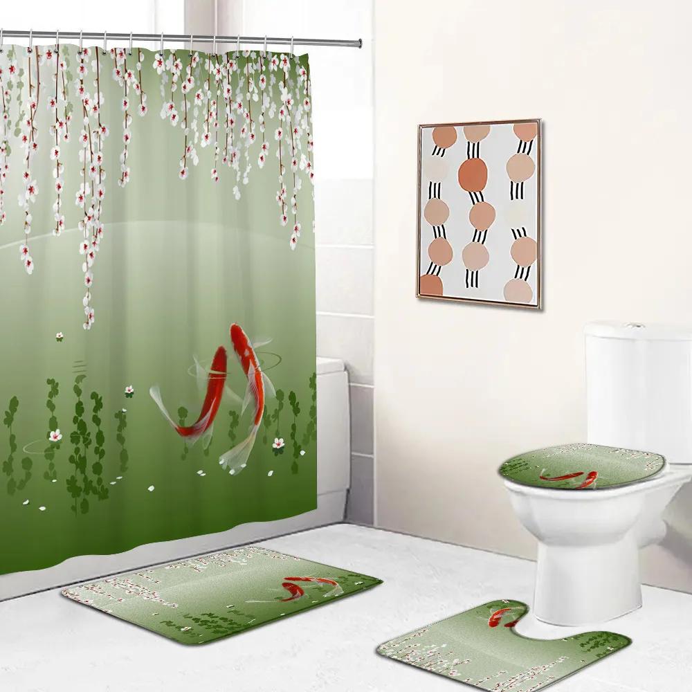 Chinese Style Shower Curtains Lotus Koi Bamboo Chinese Ink Painting Bathroom Curtain Vintage Bath Decorations For Home