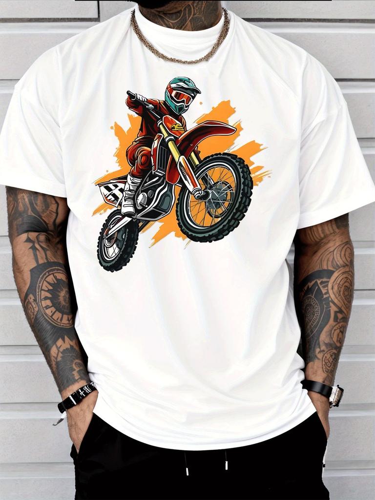 Unisex Crew Neck Tee Cool Motocross Rider Jump Bike Print Short Sleeve Oversized Male Daily Casual Soft Breathable Basic Wear Top