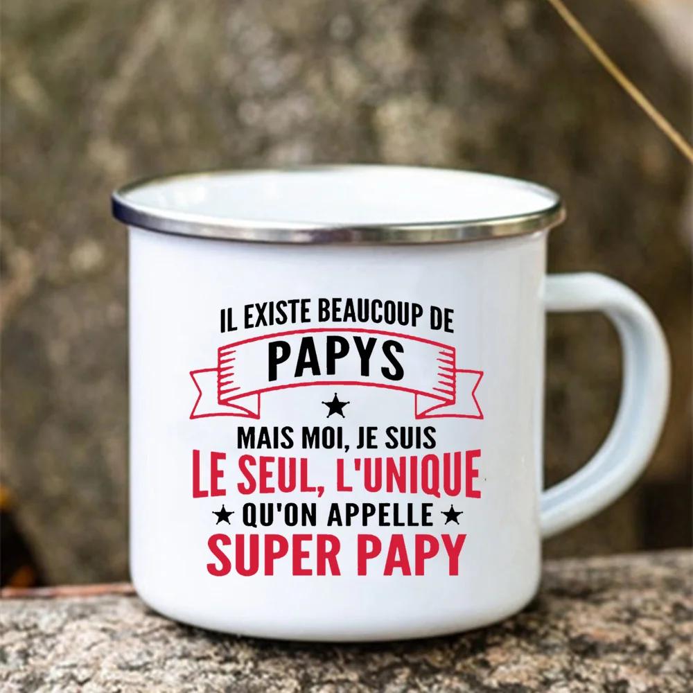 Super Papy Print Mugs Creative Coffee Cups Drink Water Tea Camping Cup Enamel Mug Outdoor Home Handle Drinkware Gift for Grandpa