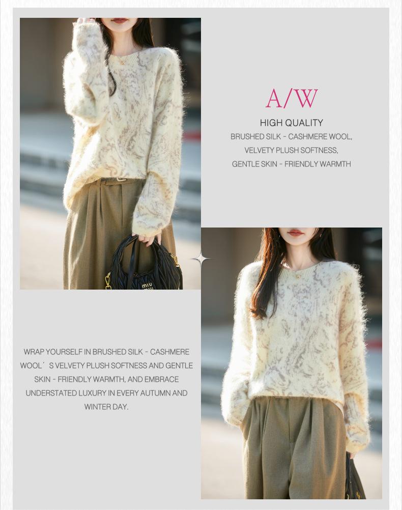 2026 Autumn/Winter Women's Floral Cashmere Wool Sweater - Round Neck, Long Sleeve, Brushed Knitwear