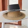 New French Flat Top Straw Hat For Women, Big Head Waist, Beach Top Hat, Woven Pearl Chain Sunscreen Hat
