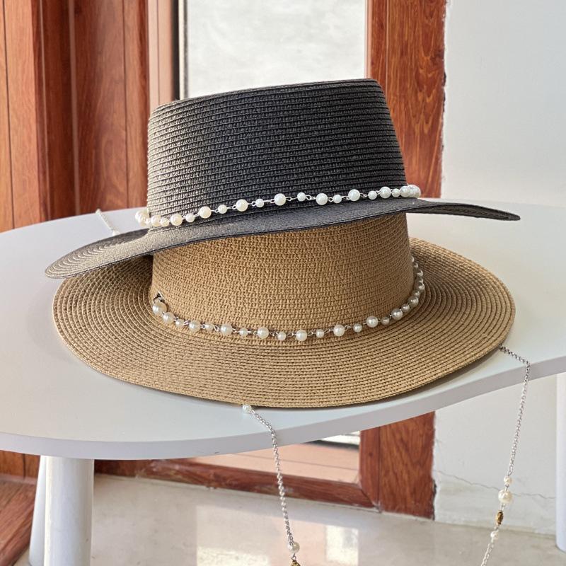 New French Flat Top Straw Hat For Women, Big Head Waist, Beach Top Hat, Woven Pearl Chain Sunscreen Hat