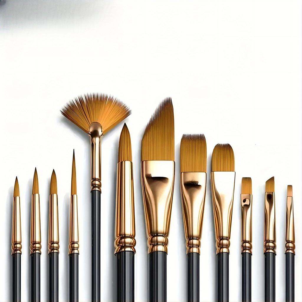12 PCS Nylon Bristle Brush Set, Nylon Flat Brushes, Watercolor Brushes, Oil Paint, Artists, Amateur Acrylic Painting