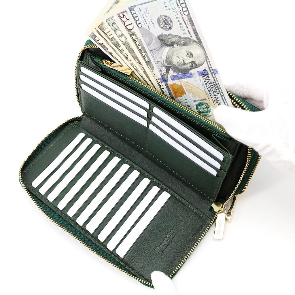 [Revetta] Stingray Leather Long Wallet, Large Capacity, 40 Card Slots, Double Round Zipper, Gold, Galuchat Stingray Green, Men's Genuine Leather [115-