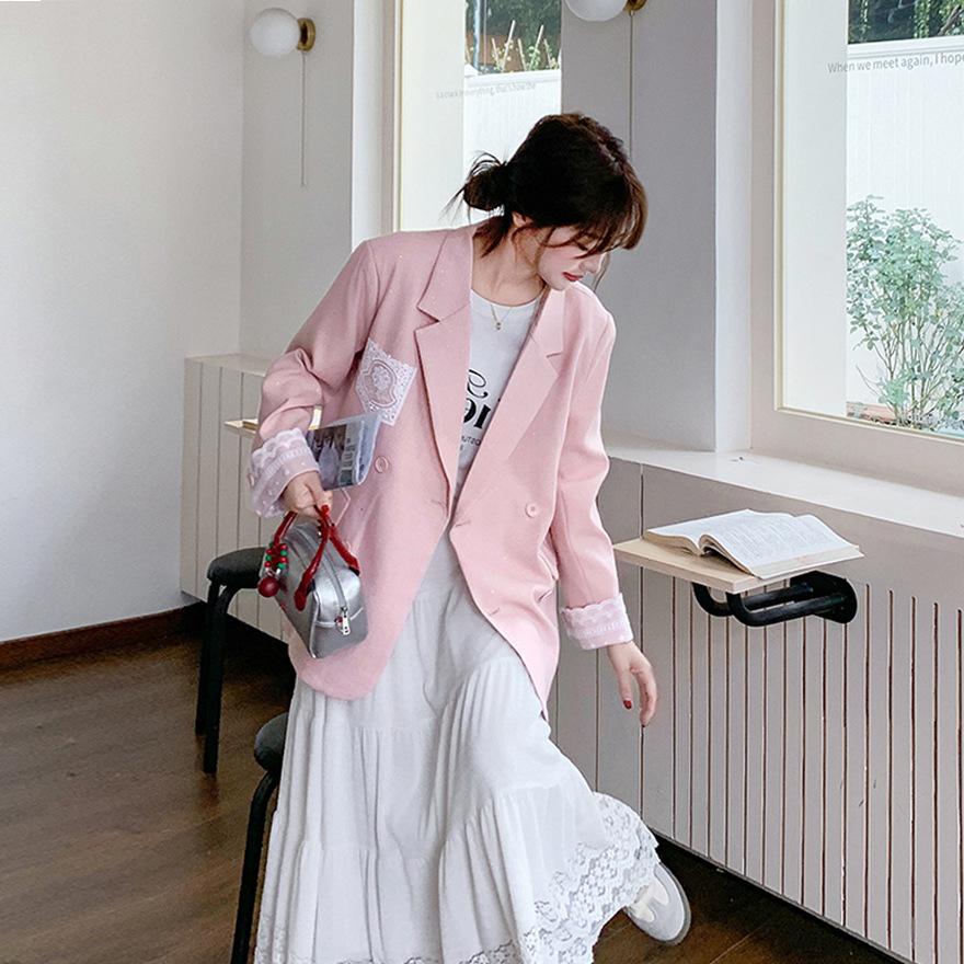 Pink Lace Splicing Blazer Women's Spring and Autumn New Explosive Super Fire Suit Unique and Beautiful Design Sense
