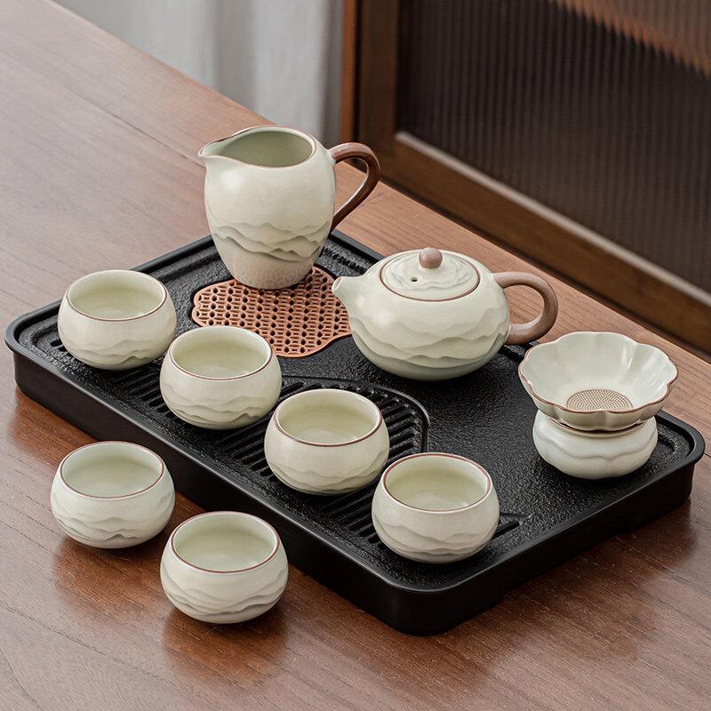 High-End Ru Kiln Ceramic Tea Set with Drainage Tea Tray
