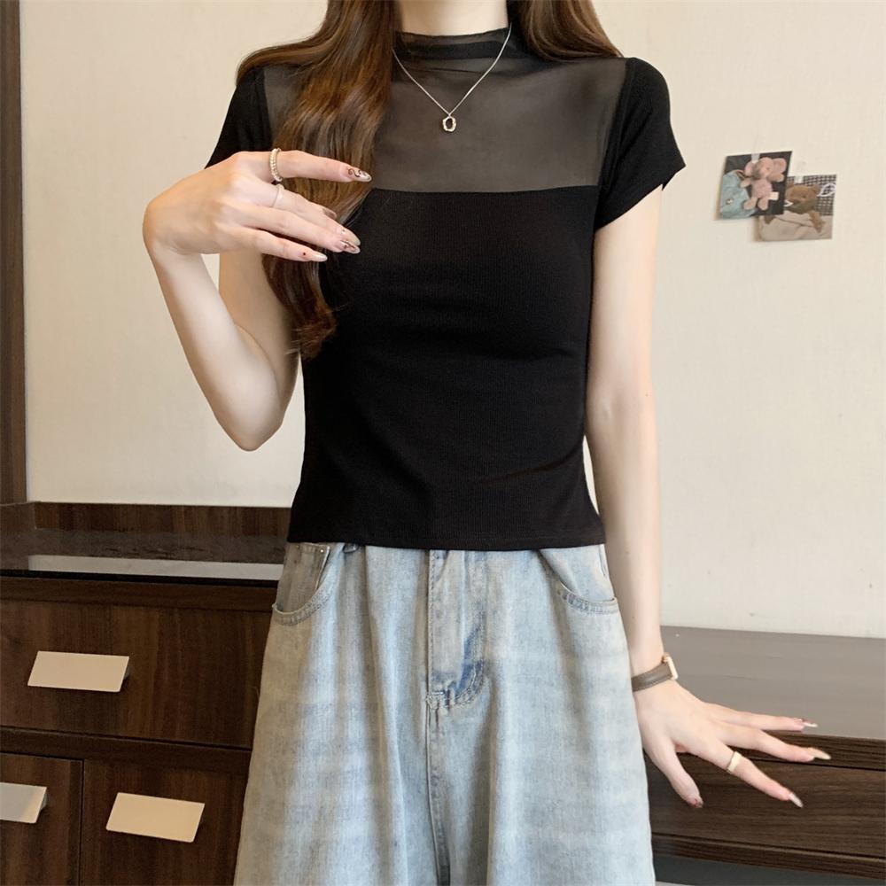 Summer Pure Cotton Mesh Splicing T Shirt for Women Solid O-neck Short Sleeve T-shirts Perspective Slim Elastic Skinny Black Tops