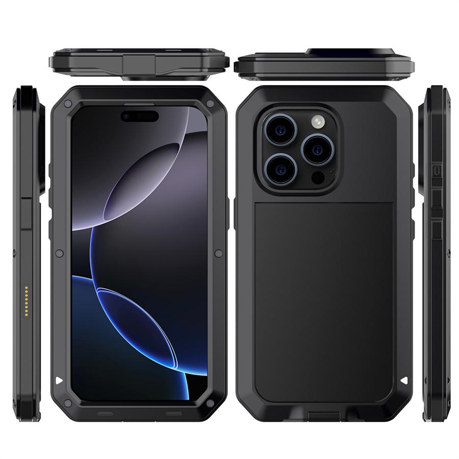 Für iPhone 16 Pro Max Hülle Silikon+Metall Handyhülle mit Displayschutz aus gehärtetem Glas