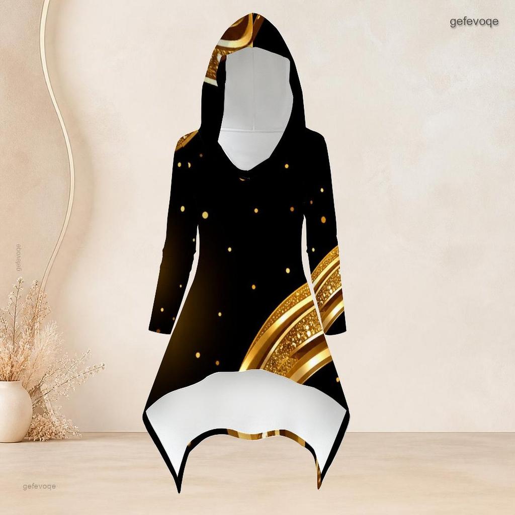 Women Plus Size Black Gold Green Printed Hooded Long Sleeve High Low Top And Fitted Pants Two Piece Set