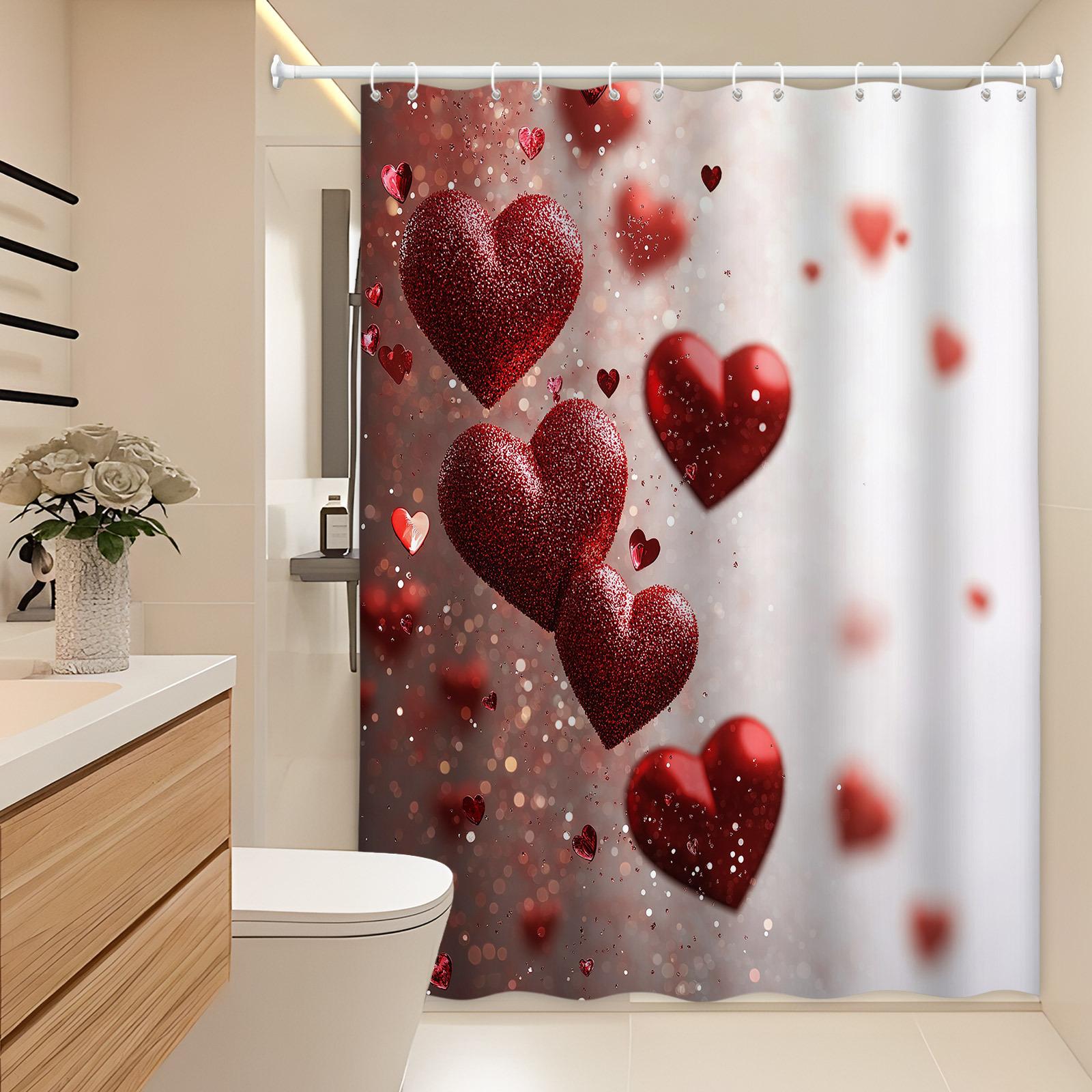 Romantic Glittery Hearts Bath Curtain - Soft Pink Gradient, 3 Large Metallic Red Hearts, Scattered Sparkles, Polyester W90XH180cm