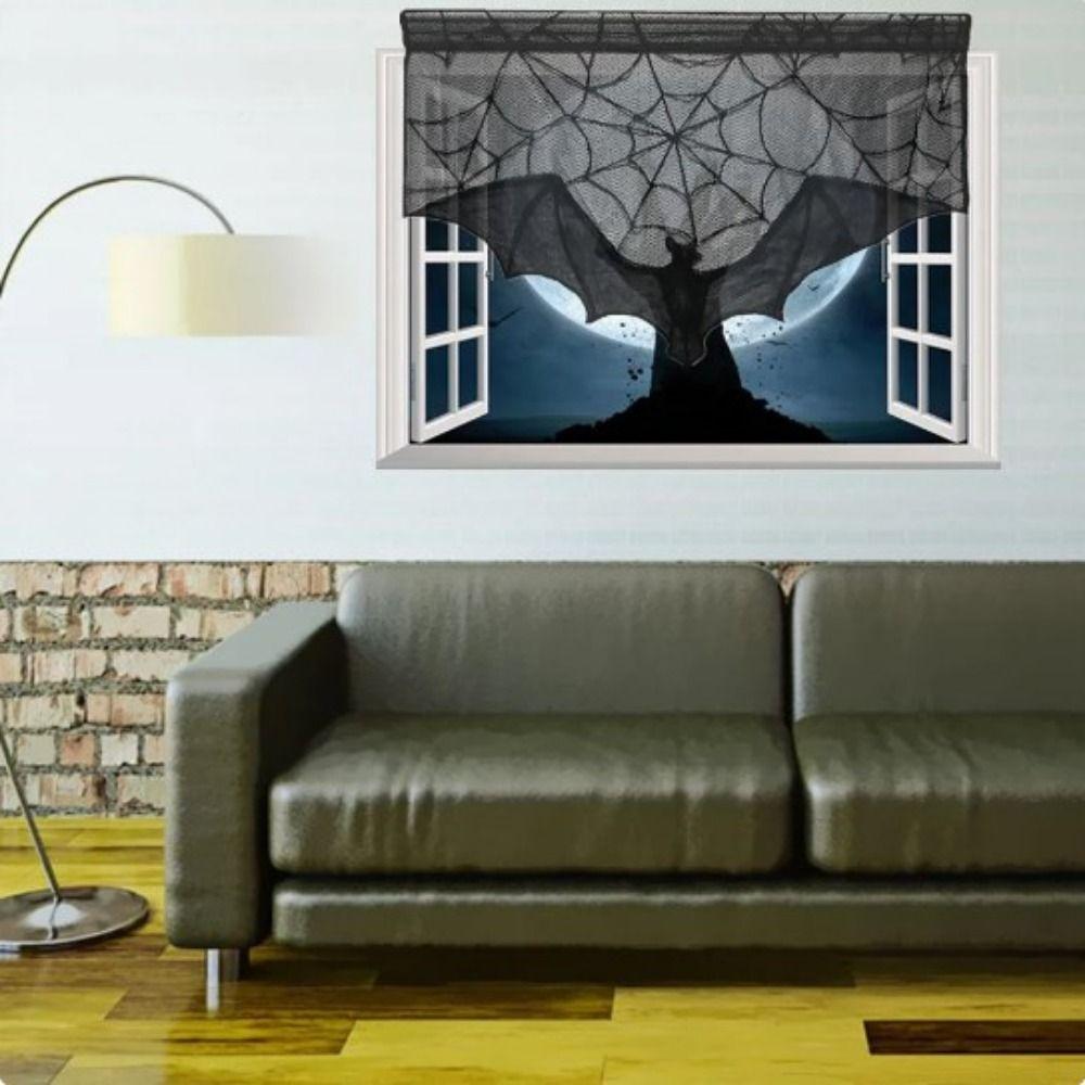 Reusable Halloween Lace Curtain Black Gothic Bat Tablecloth Halloween Bat Door Curtain  Home Decor
