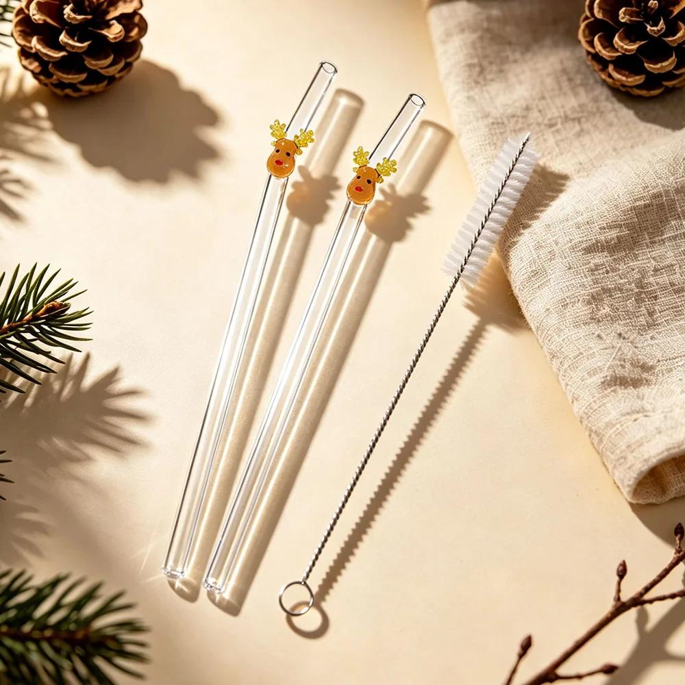2Pcs Christmas Reusable High Borosilicate Glass Drinking Straws Set Set with 1Pc Brush Milk Shake Coffee Cocktail Straw Bar